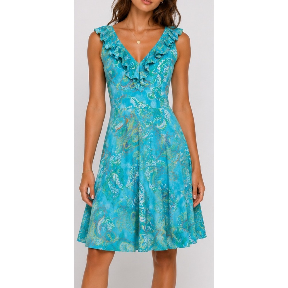 Lauren Ralph Lauren Turquoise Paisley Ruffle V-Neck Fit & Flare Dress Womens S